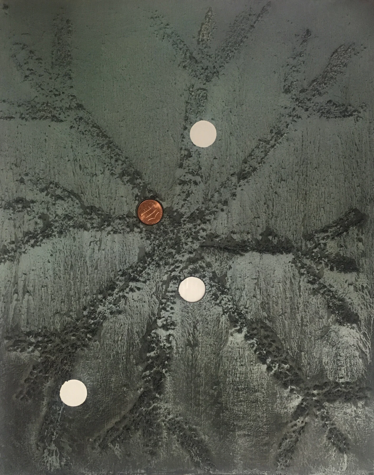 Alex Kwartler Black Snowflake (w/ 1¢), 2019 Oil, acrylic, and pumice on paper with penny 14 × 11 inches