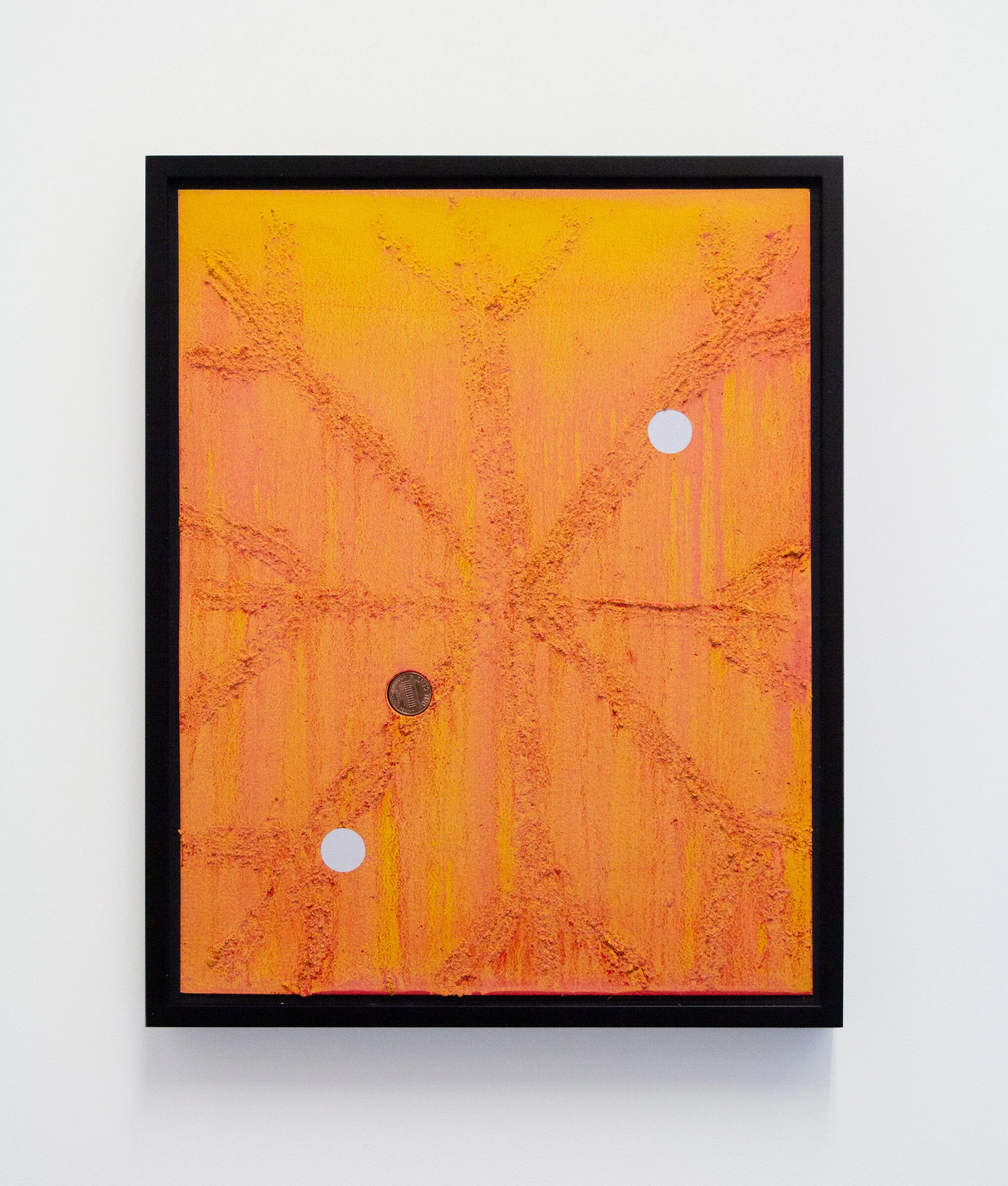 Alex Kwartler Orange Snowflake (w/ 1¢), 2019 Oil, acrylic, and pumice on paper with penny 14 × 11 inches