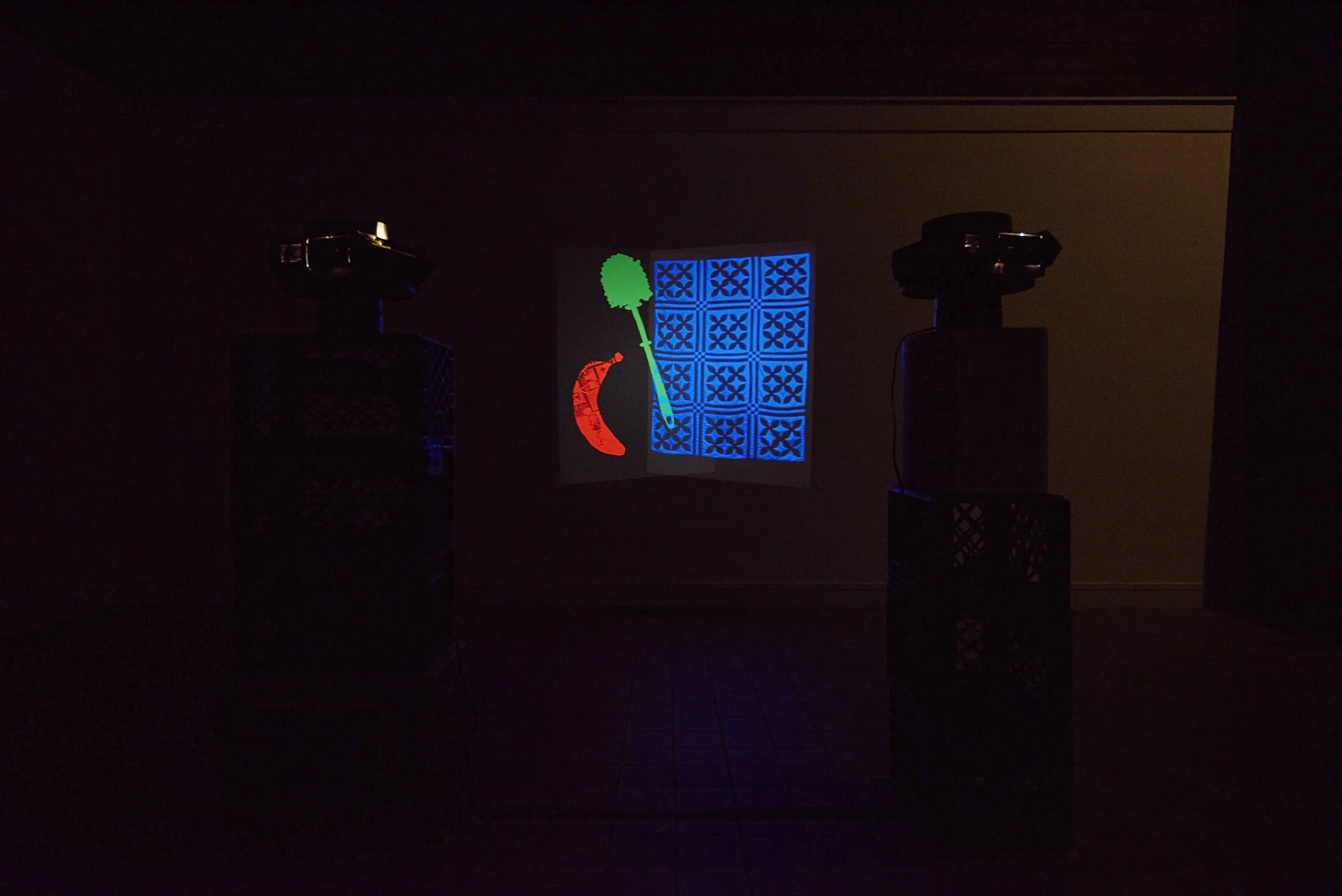 Alex Kwartler &amp; Sam Roeck ALWAYS, 2020  Slide projectors, slides, rotating metal bases, plastic milk crates, pedestal, light box, ash tree stump 59 × 18 ¾ × 13 inches  59 × 25 × 23 ½ inches Slide projection duration 40 minutes