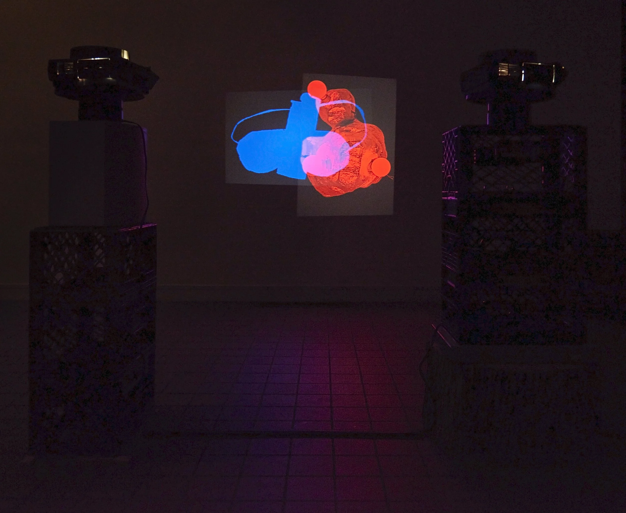 Alex Kwartler &amp; Sam Roeck ALWAYS, 2020  Slide projectors, slides, rotating metal bases, plastic milk crates, pedestal, light box, ash tree stump 59 × 18 ¾ × 13 inches  59 × 25 × 23 ½ inches Slide projection duration 40 minutes