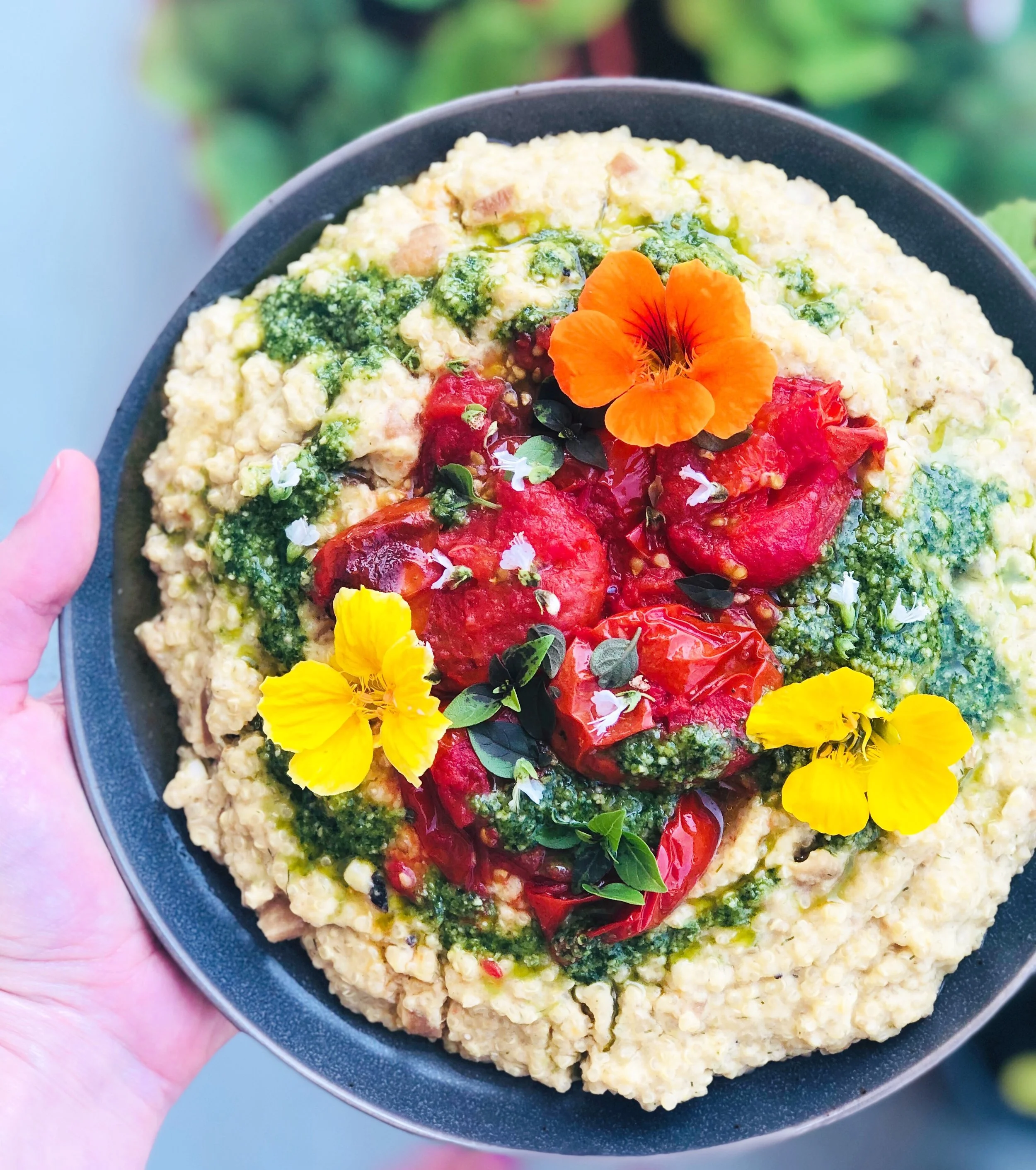 Vegan Quinoa Risotto with Roasted Tomatoes & Pesto