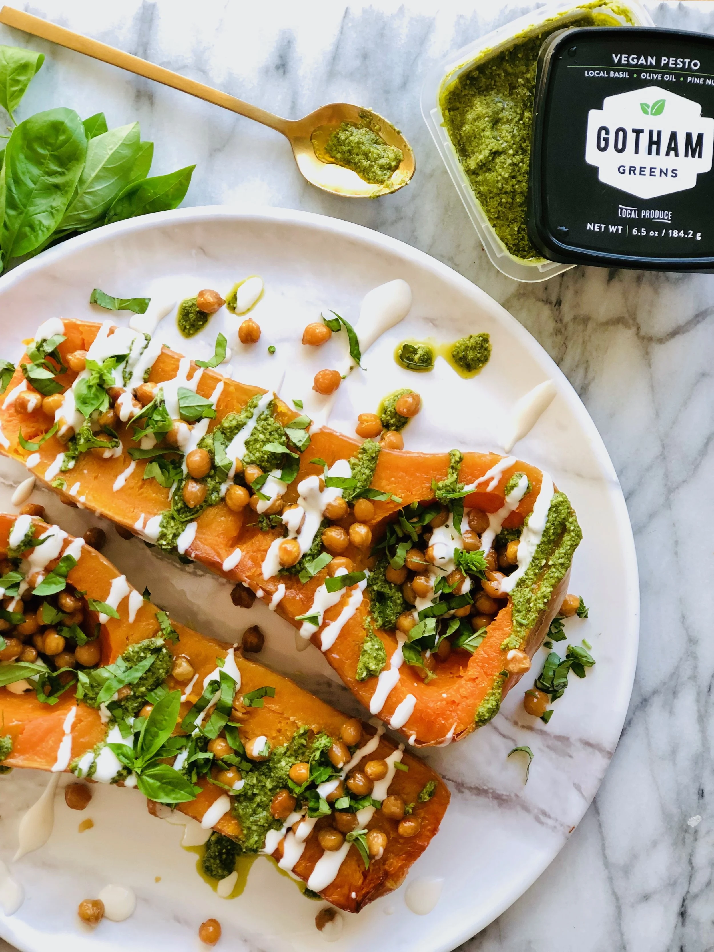 Roasted Butternut Squash &amp; Maple Chickpeas with  Gotham Greens Vegan Pesto &amp; Garlic Aioli
