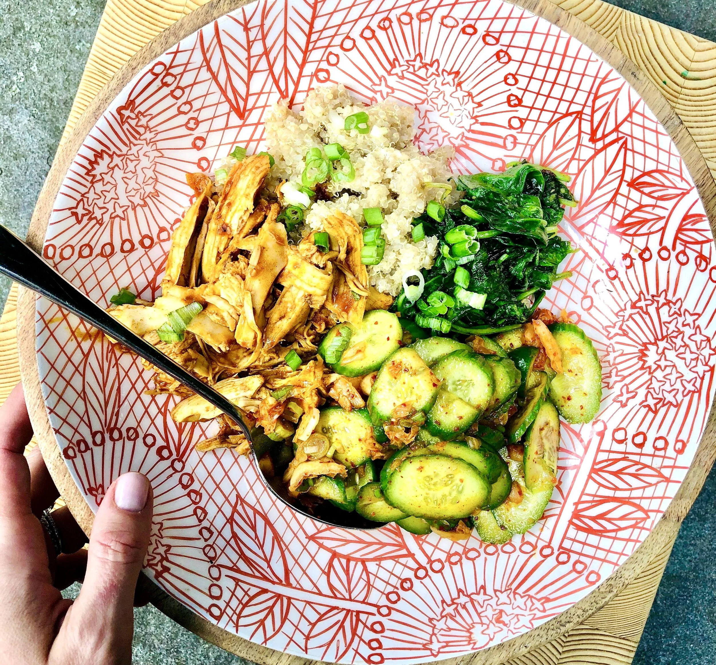 Korean Chicken Grain Bowls with Kimchi Cucumber Salad
