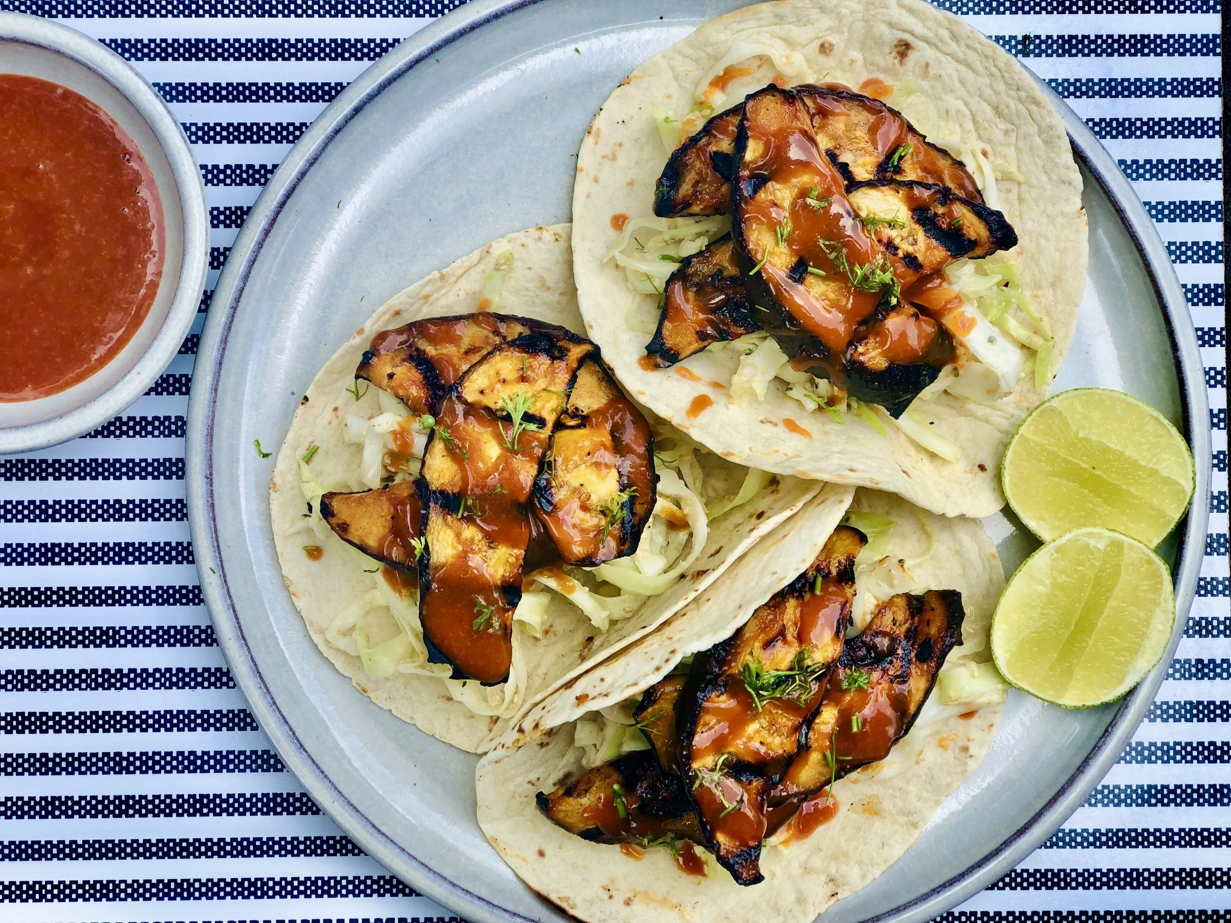 Korean BBQ Eggplant Tacos with Cabbage Slaw