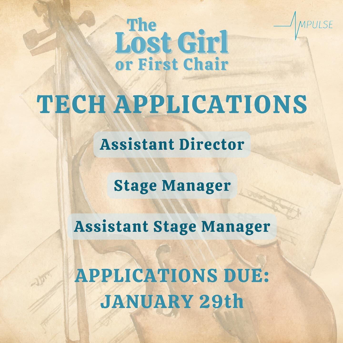 Looking to get involved in a show? Well, this is your chance! Impulse is opening Creative Team applications for our Spring One-Act, &ldquo;The Lost Girl, or First Chair.&rdquo; Link in bio. We can&rsquo;t wait to see your applications! 💜🌊🎻