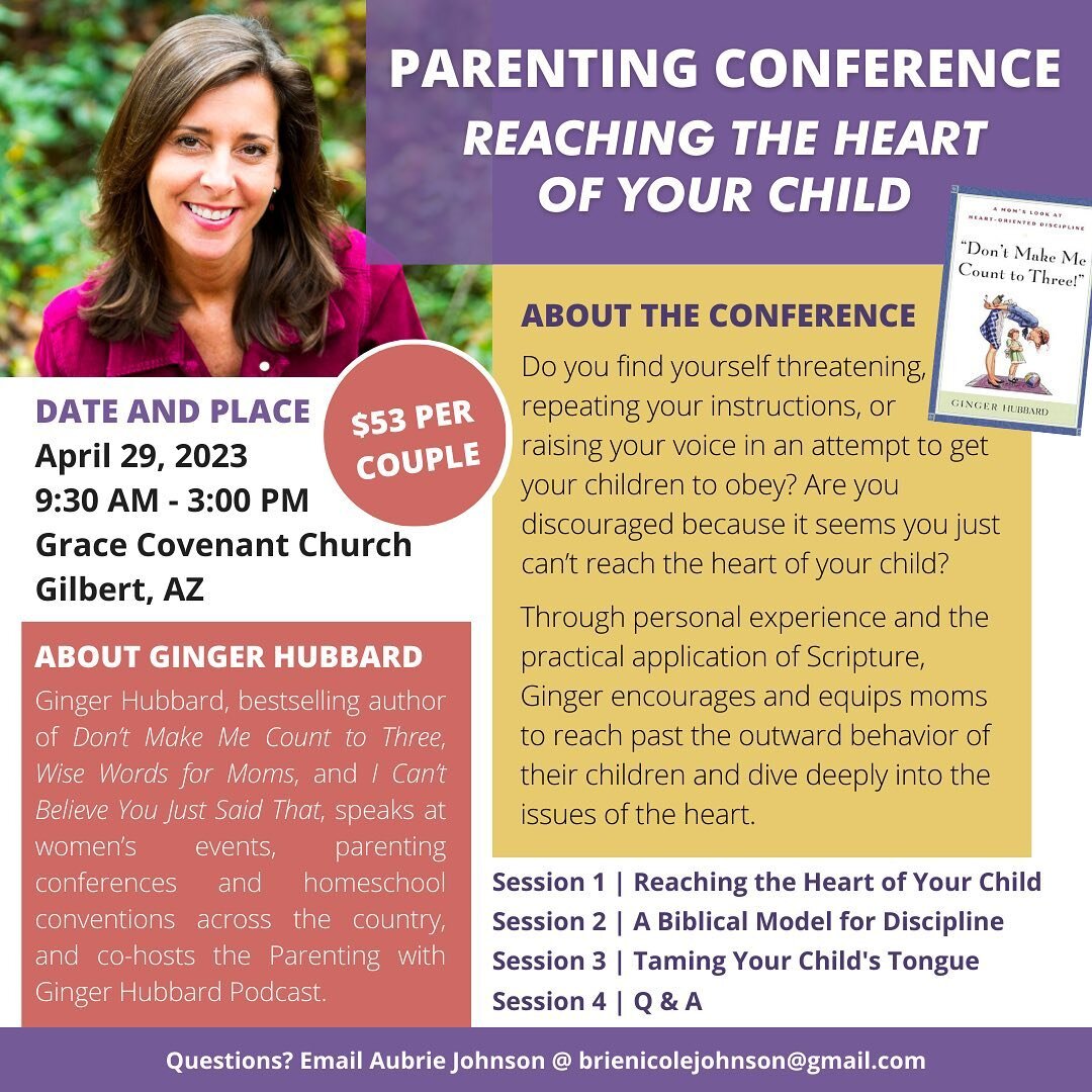ATTENTION PARENTS! Join us April 29 for a one-day parenting conference featuring author and speaker, Ginger  Hubbard. 

Saturday, 4/29, 9am-3pm

Grace Covenant Church

Tickets are $53/couple

Register on EventBrite: https://www.eventbrite.com/e/paren
