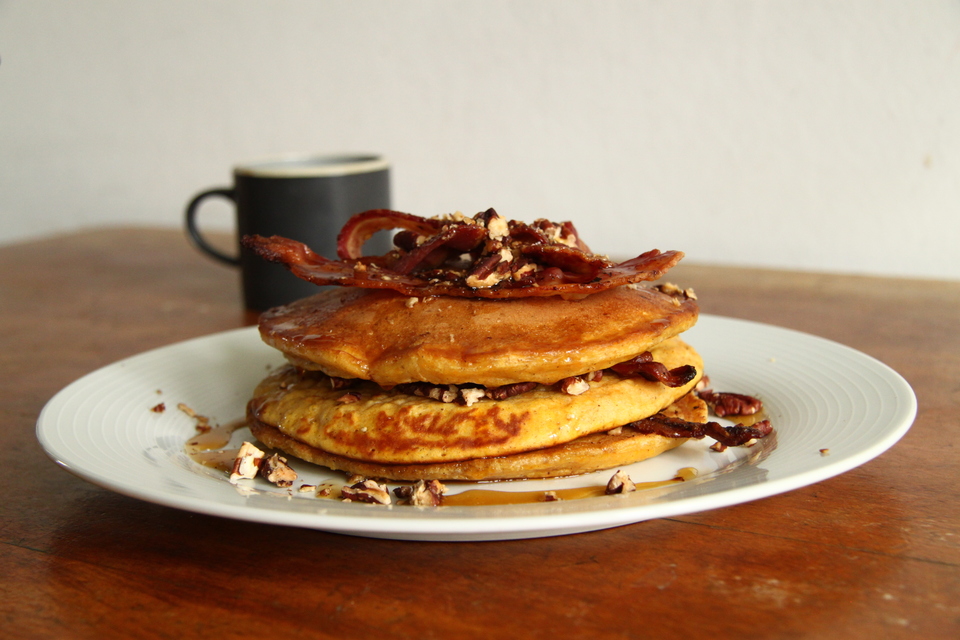  Content for Domestic Sluttery blog. Recipe and styling; Alice Feaver, 2012.  Pumpkin Pancakes, Candied Bacon &amp; Pecans  
