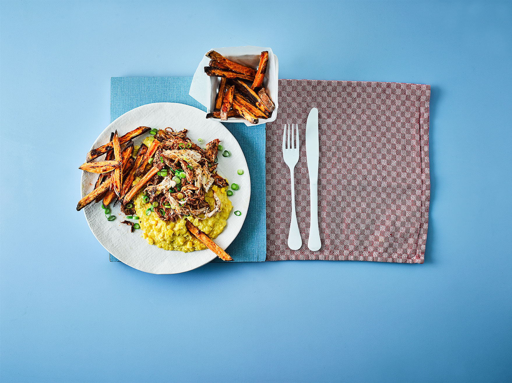  Styling only for Gousto, 2015.  Pulled chicken, creamed corn, sweet potato fries  