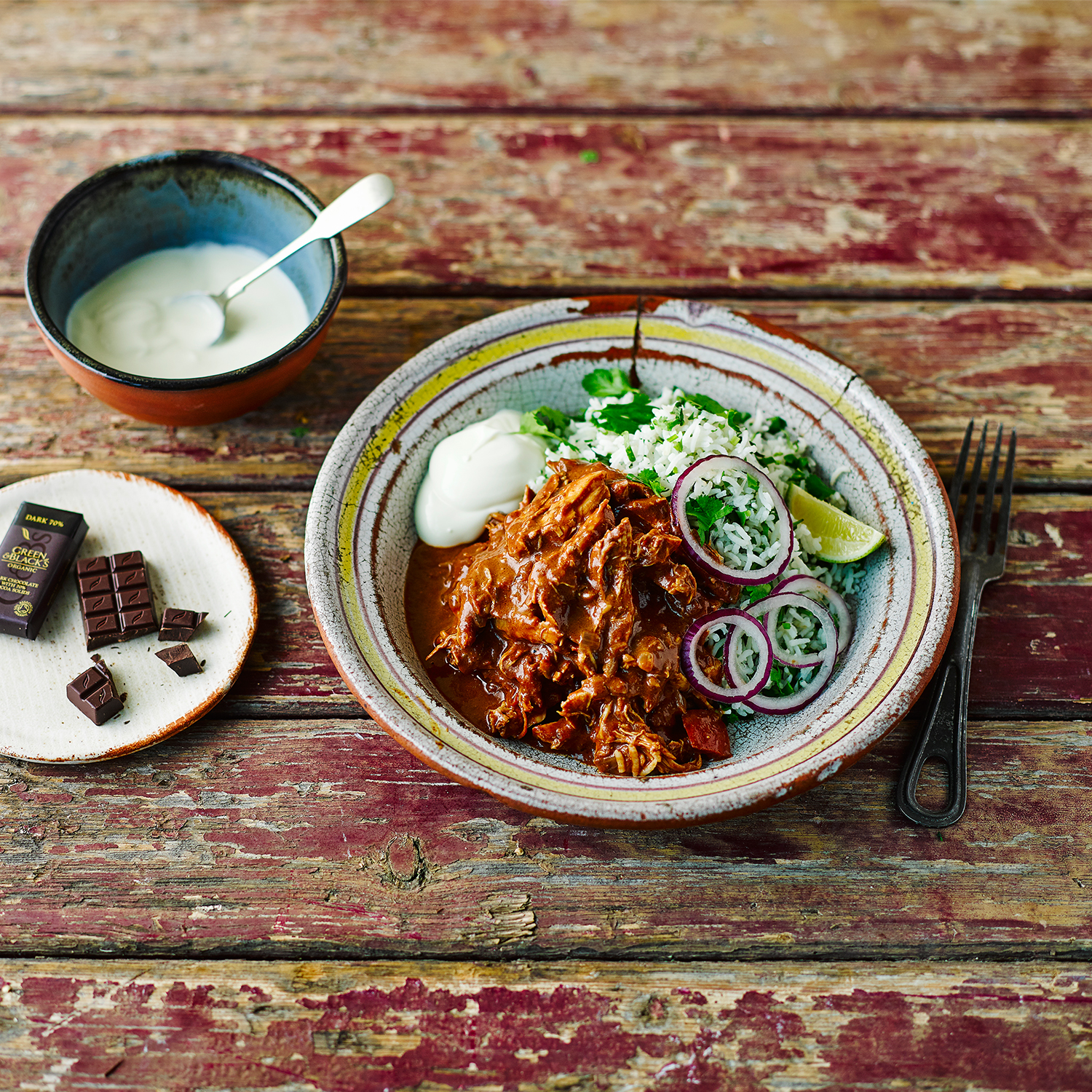  Recipe for Gousto feat. Green &amp; Blacks, 2016. Chocolate Chicken Mole, coriander rice &amp; yoghurt   