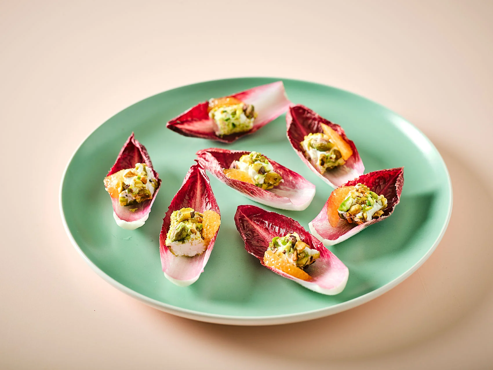 Christmas canapes for Gousto, 2016. Clementine, goats cheese & pistachio boats