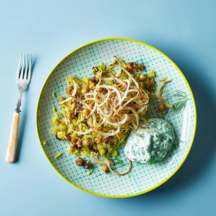 Saffron rice, crispy onions, herby yoghurt