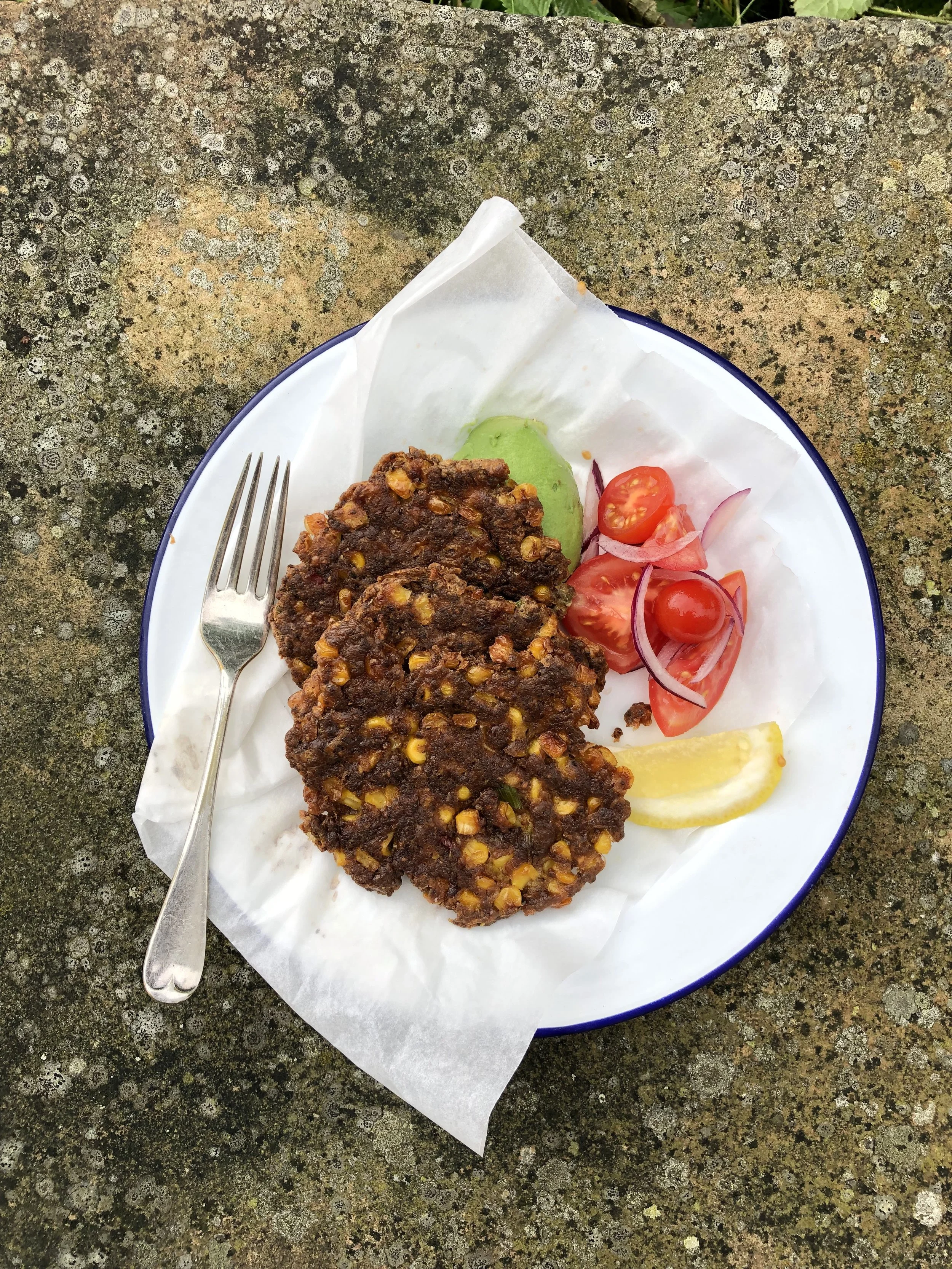 blogged recipe, 2019. Sweetcorn chia fritters w/avocado & tomato salad