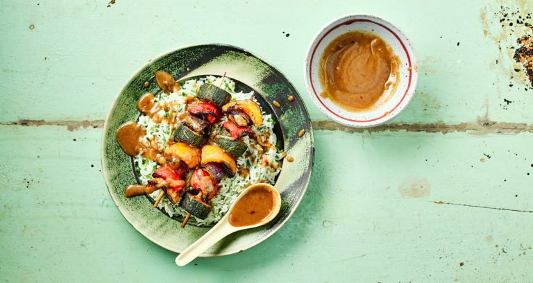 Plant based recipe and food styling for Gousto, 2016. Veggie kebabs, peanut sauce, brown rice