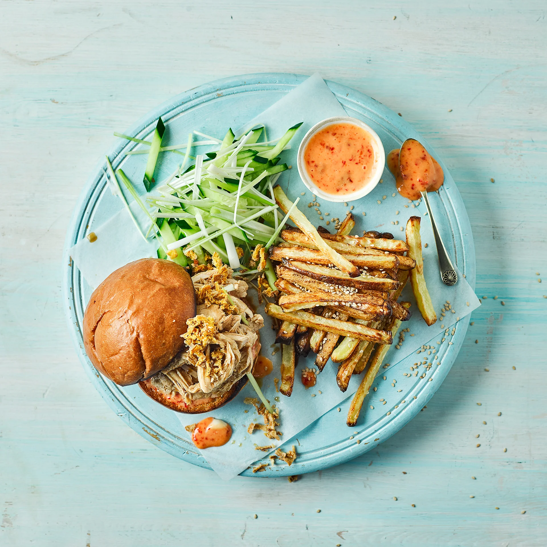 Styling for Gousto, 2016. Asian Chicken Burger & Sesame Fries