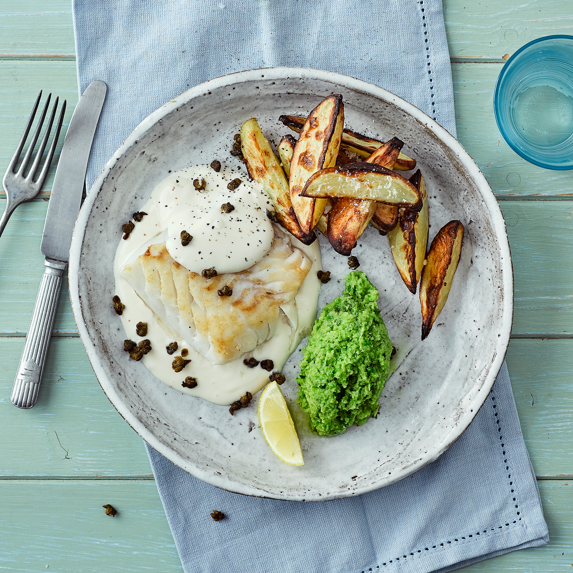 For Gousto, 2015. 7-ingredient cod & chips w/lemon mayo & crispy capers