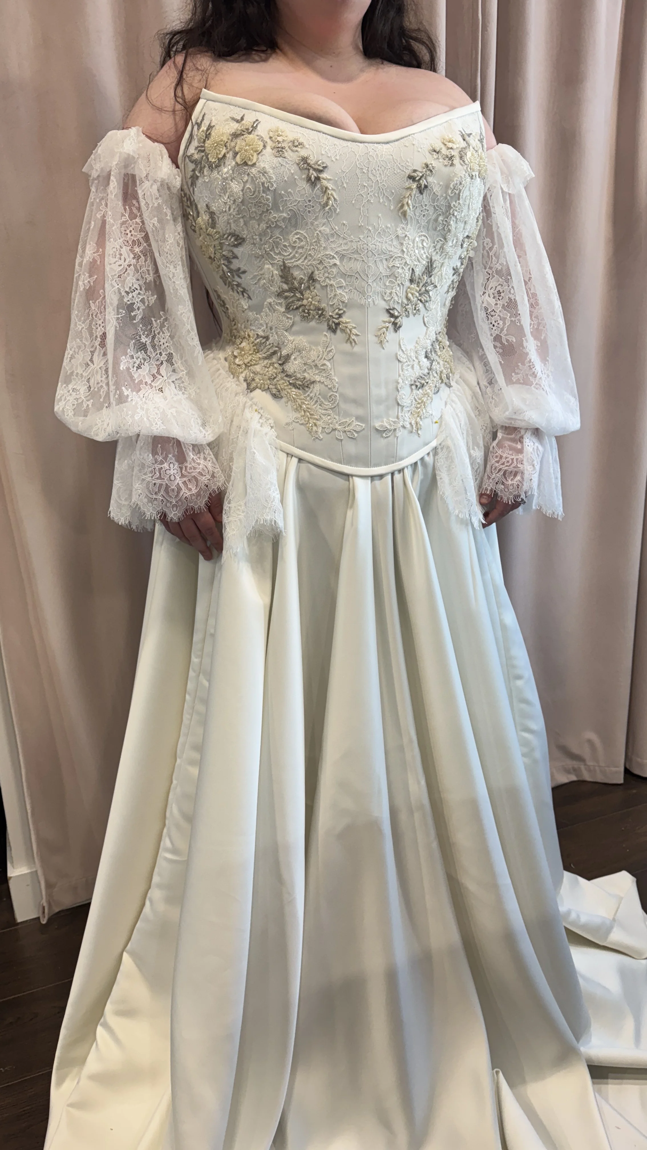 Romantic corset ivory wedding dress with lace and beaded trims