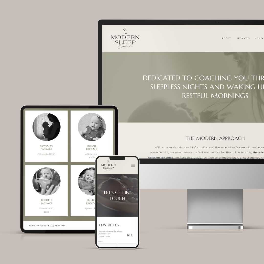 Screenshot of a modern sleep coaching website displayed on a desktop, tablet, and smartphone, showing various sleep packages for infants, toddlers, and children.