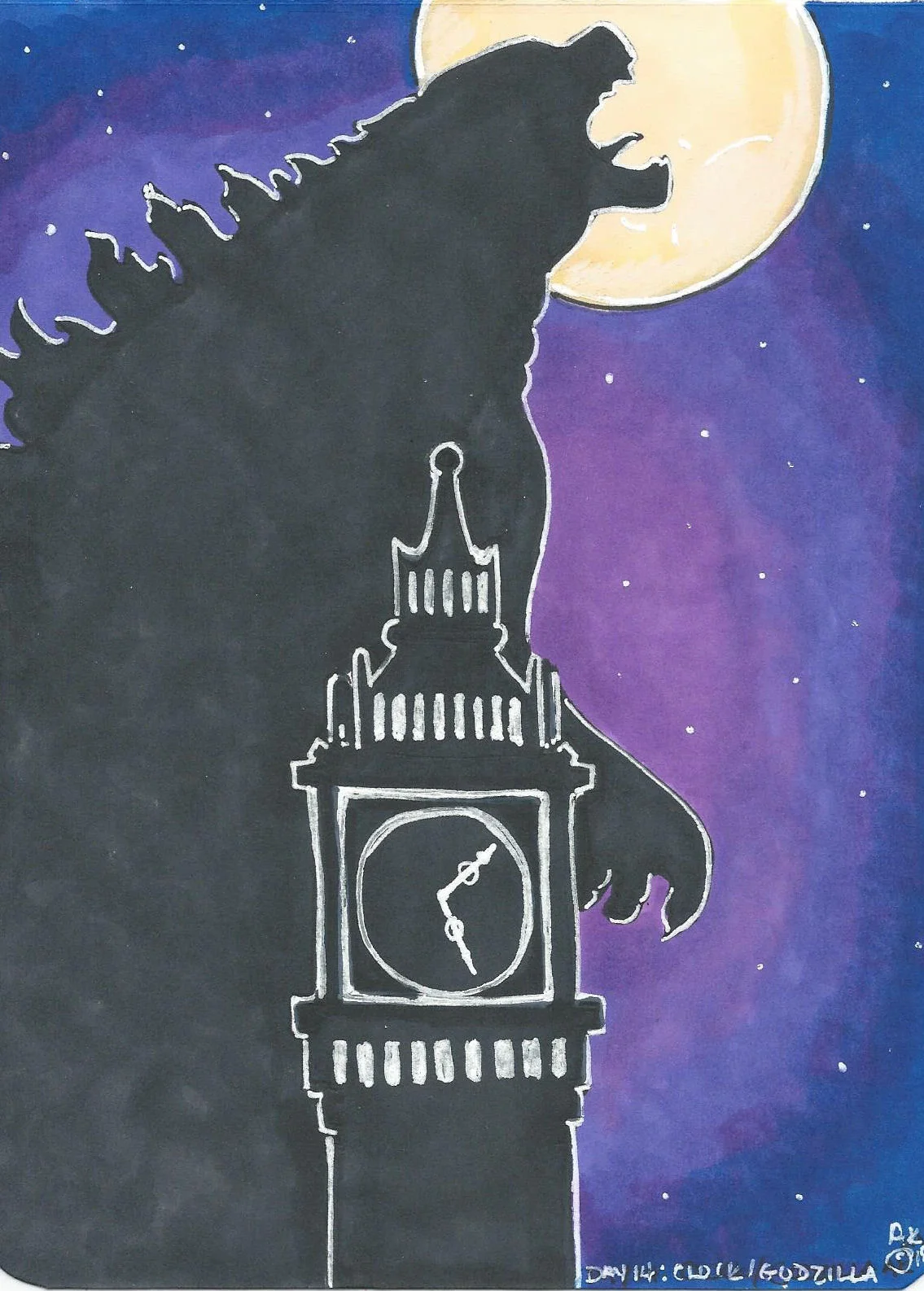 Inktober 2018 Day 14: Clock/Godzilla