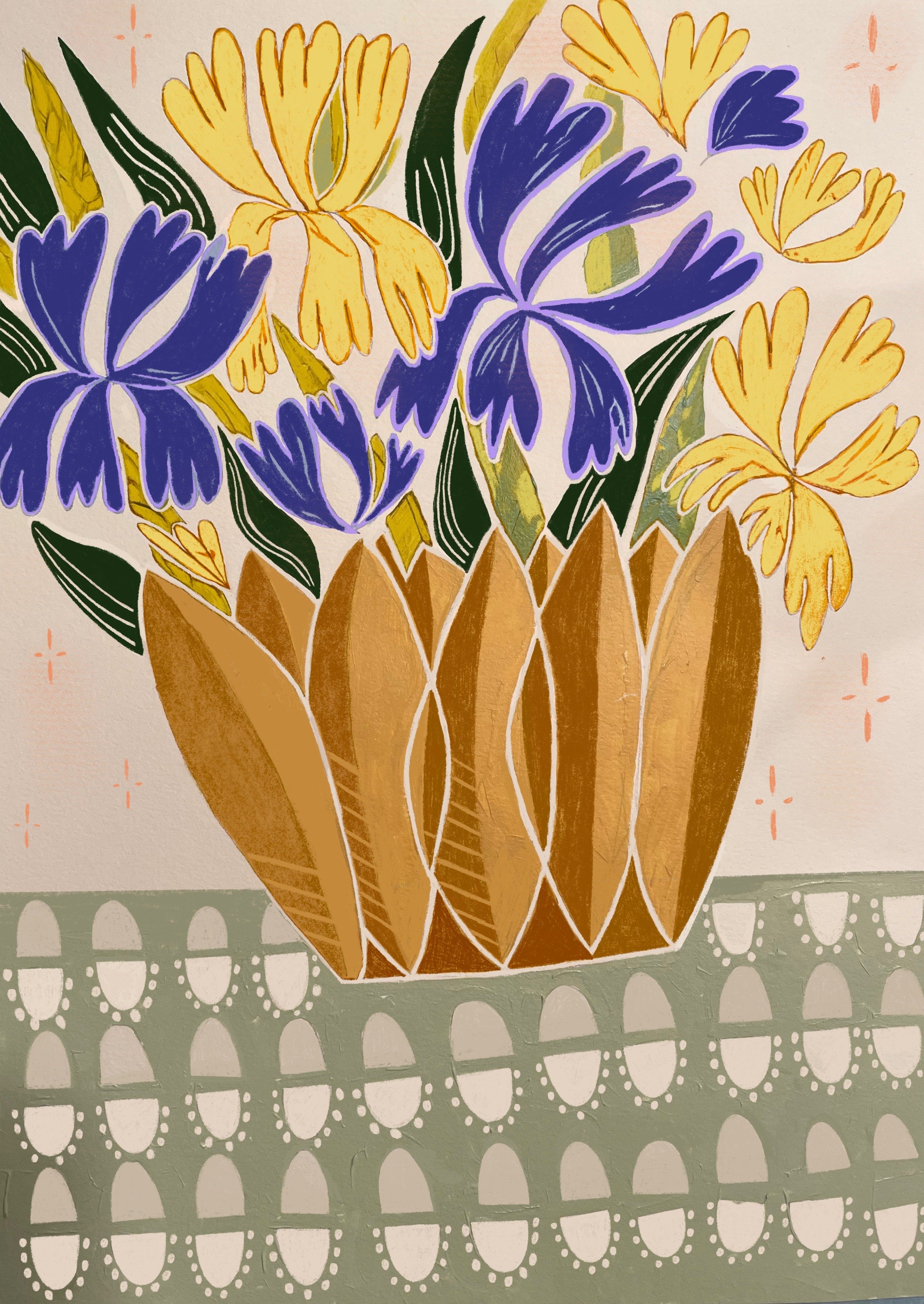 + yellow and purple spring irises in the fall +