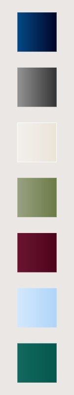 Vertical palette of eight color squares, from top to bottom: dark blue, gray, off-white, olive green, burgundy, light blue, teal, and forest green.