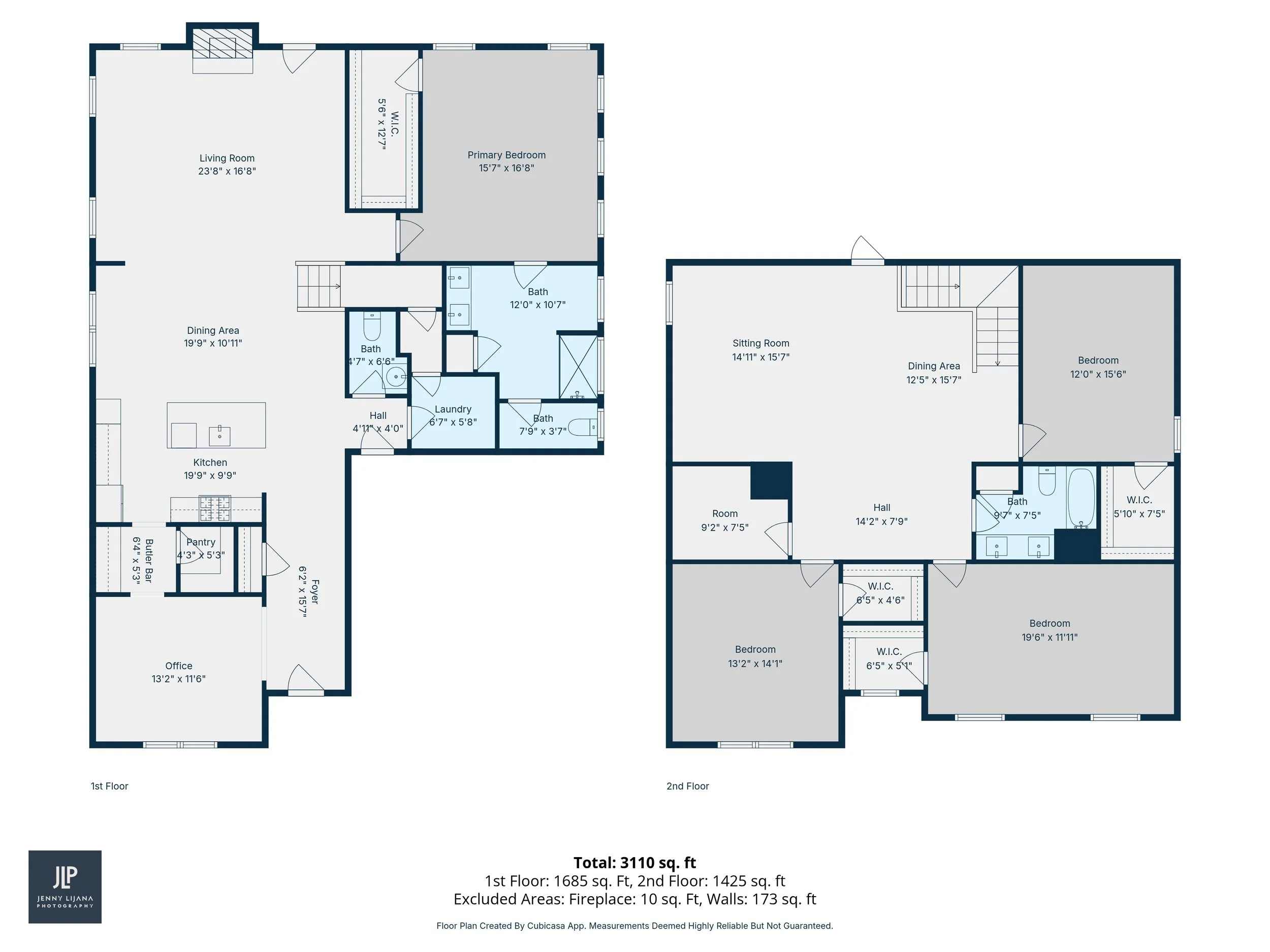CubiCasa floor plan of a two-story house showing rooms, including living room, kitchen, office, bedrooms, bathrooms, laundry, and hallways with measurements.