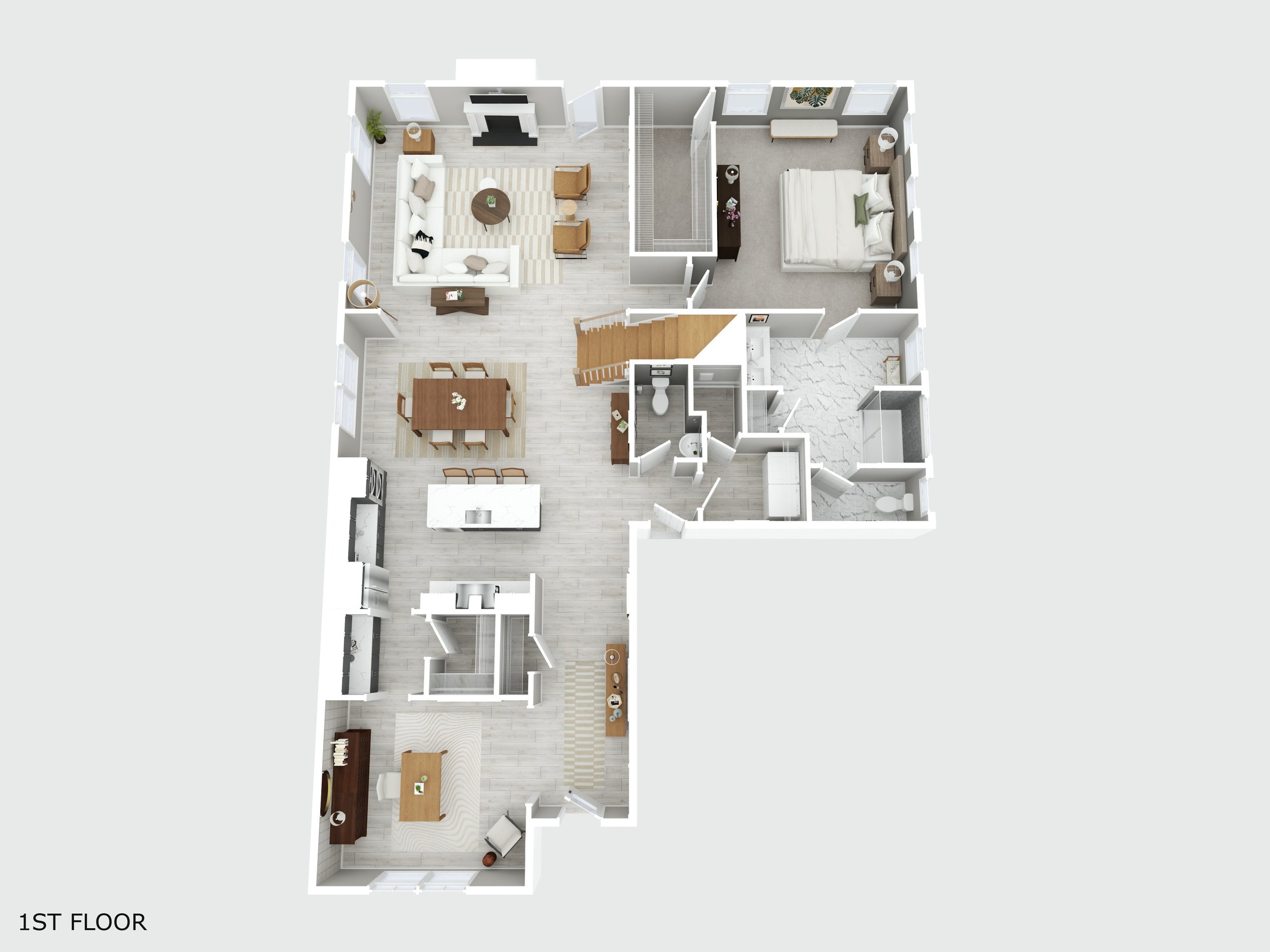 CubiCasa floor plan of a first floor home layout including a living room, dining area, kitchen, bedroom, bathroom, and office space.