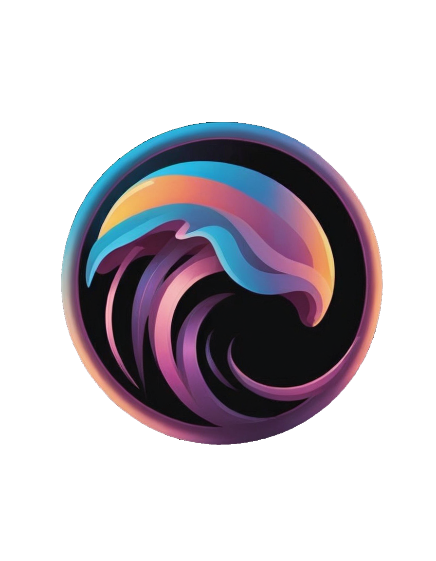 Digital art of a stylized wave with vibrant pastel colors, circular shape, black background
