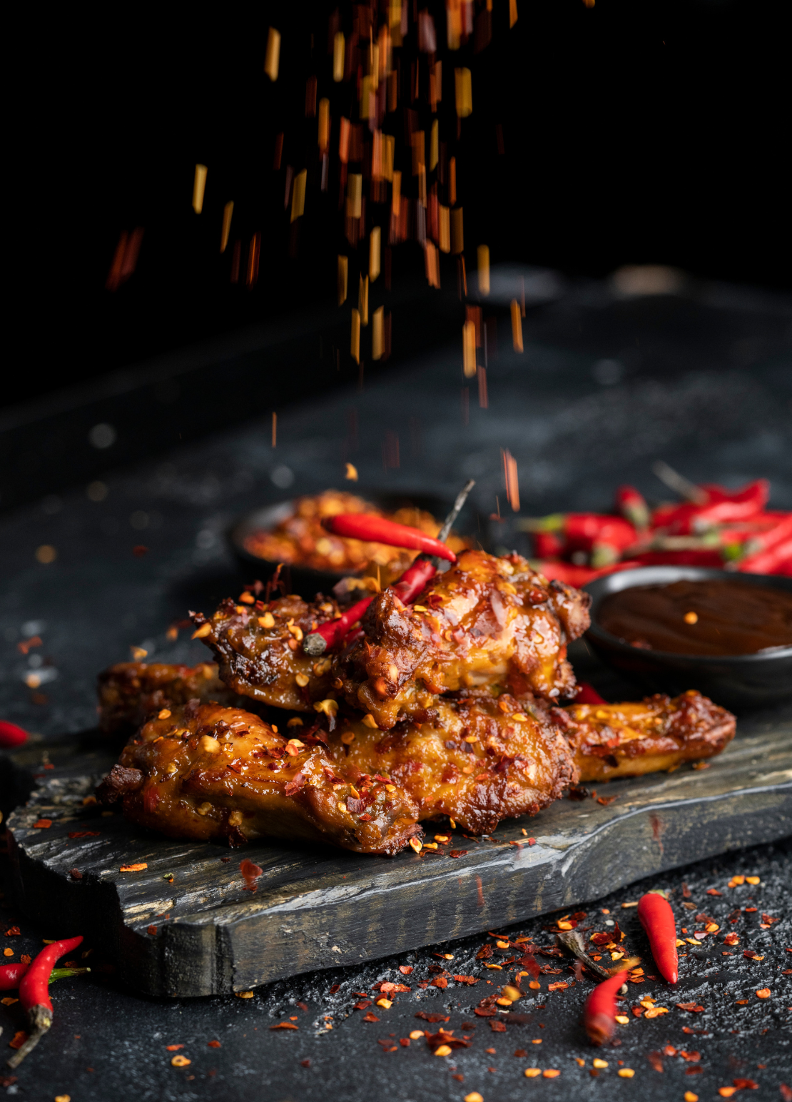 Spicy chicken wings with chili flakes and red peppers on a dark wooden board, with sauce on the side.