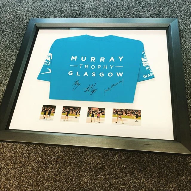 Couple action shops and signed t-shirt. #framing #framingart #scottishtennis #tennis #jerseyframing #framed #memrobilia #memrobiliaframing #shadowbox #boxframing