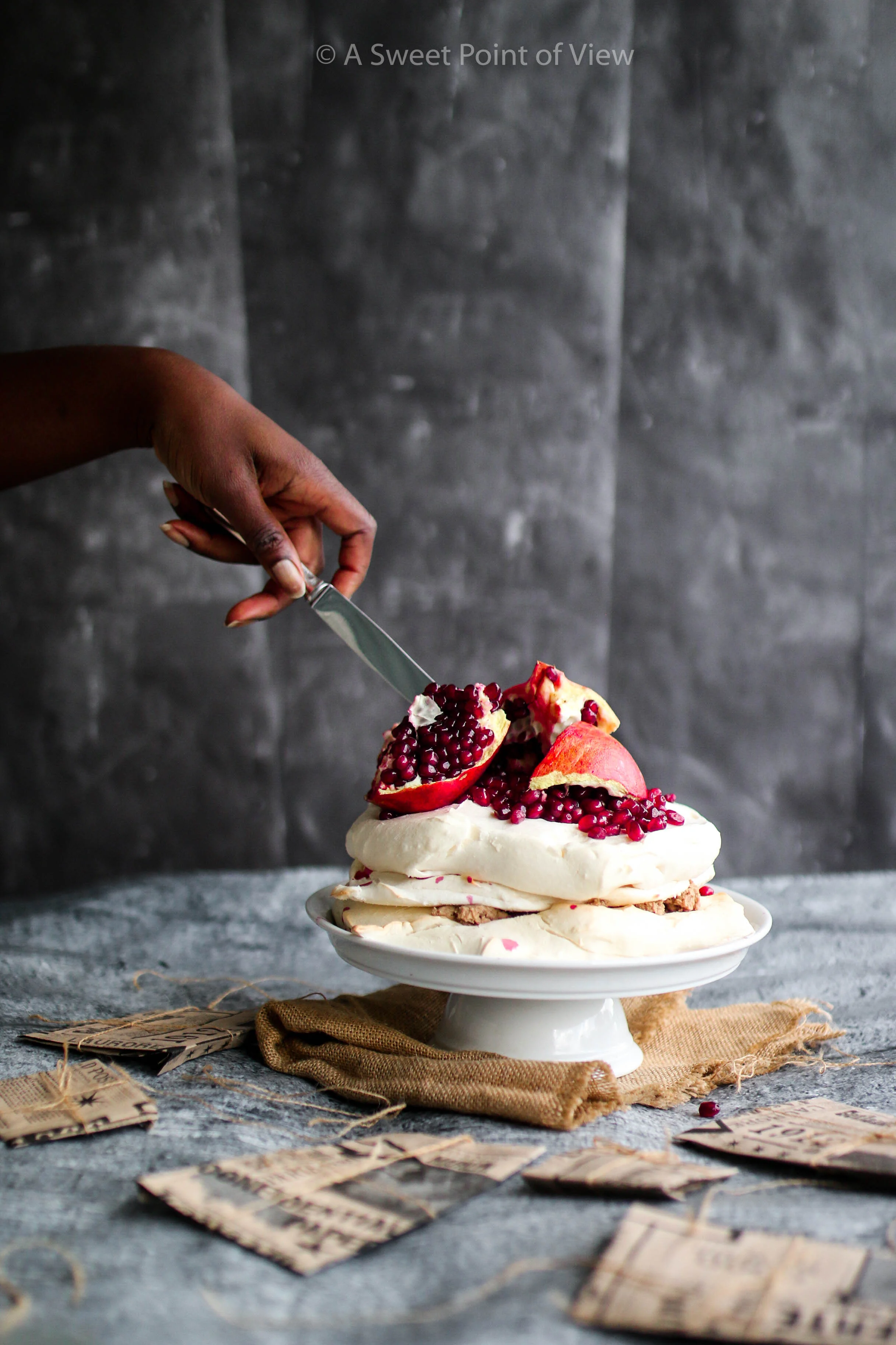 Chestnut Pavlova with fresh Pomegranates