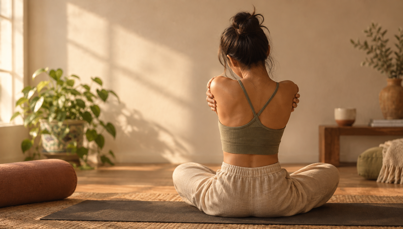 an asian american woman doing yoga as taking the time for herself, part of the self-love routine