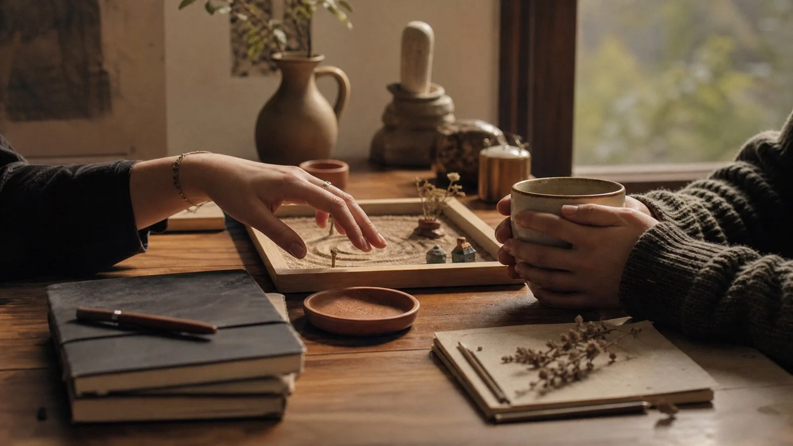 two persons resolving a conflict in a relationship but only hands are seen, presumably an anxiously attached and avoidantly attached where one leans into the conflict whereas the other one leans out of it