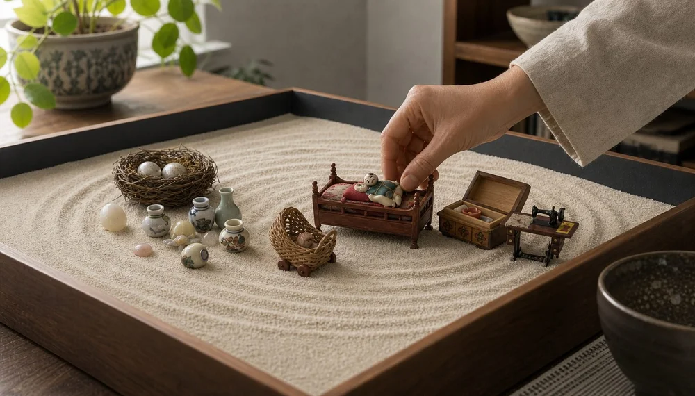Sandplay tray holding a bird's nest with eggs and a small cradle, adoptee therapy in NYC exploring origins and belonging