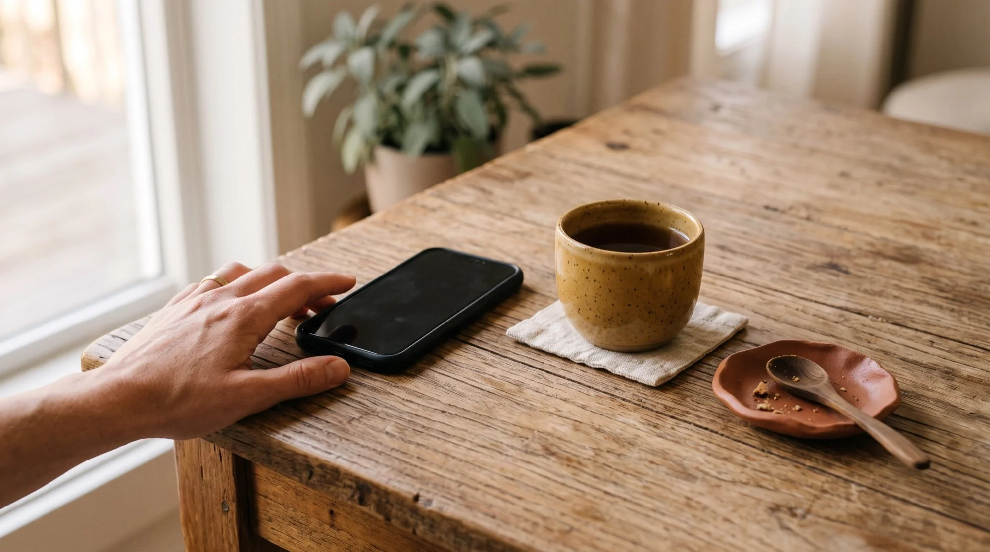 A phone face down on a table beside a cup of tea after a difficult call with a parent
