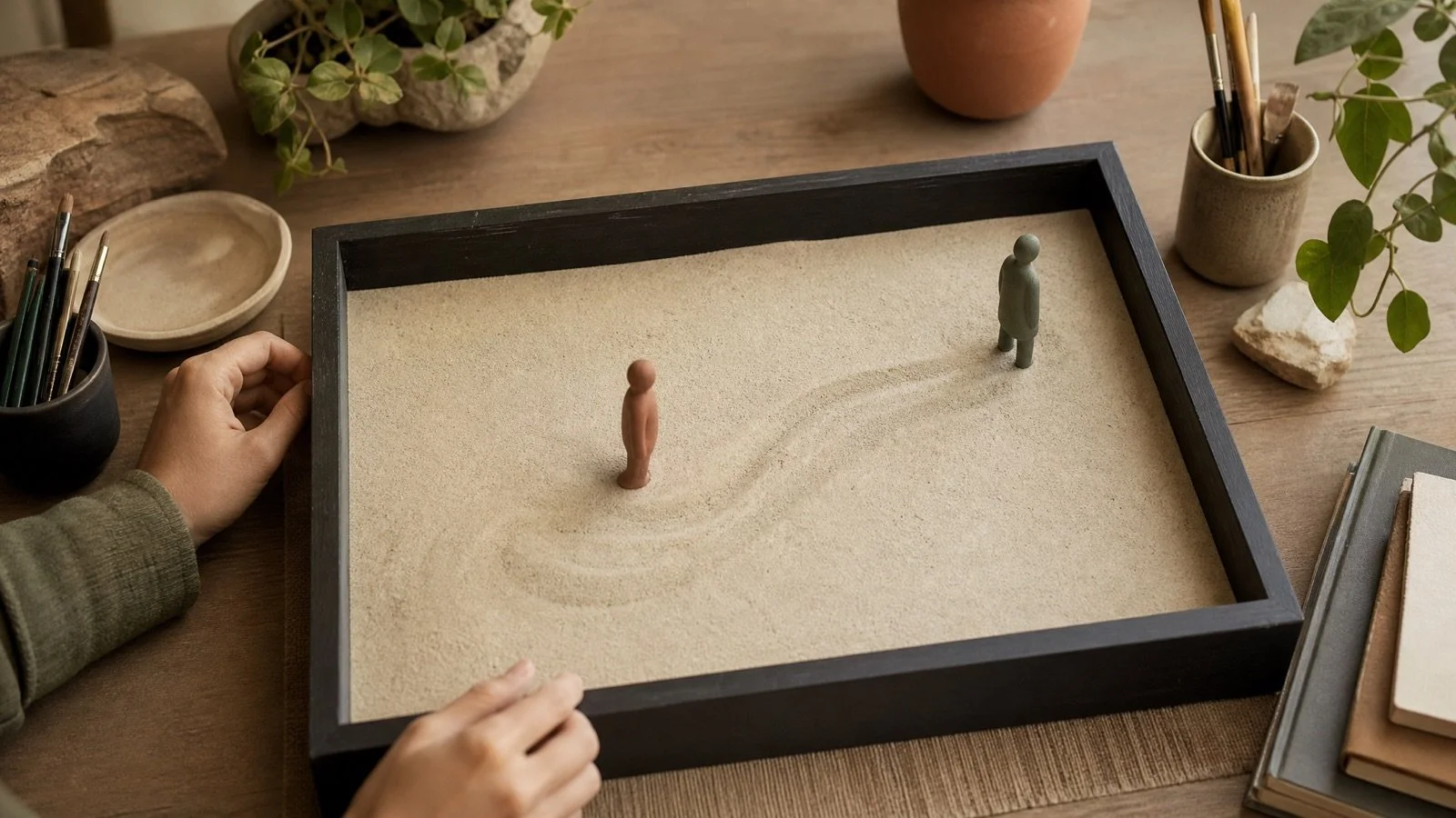 Two sandplay figures in a tray, one moving closer and one turned away