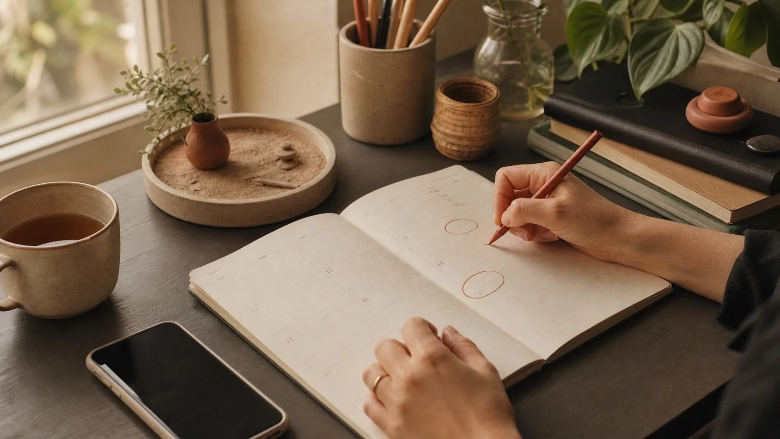 An open planner with two evenings circled beside a phone and a cup of tea