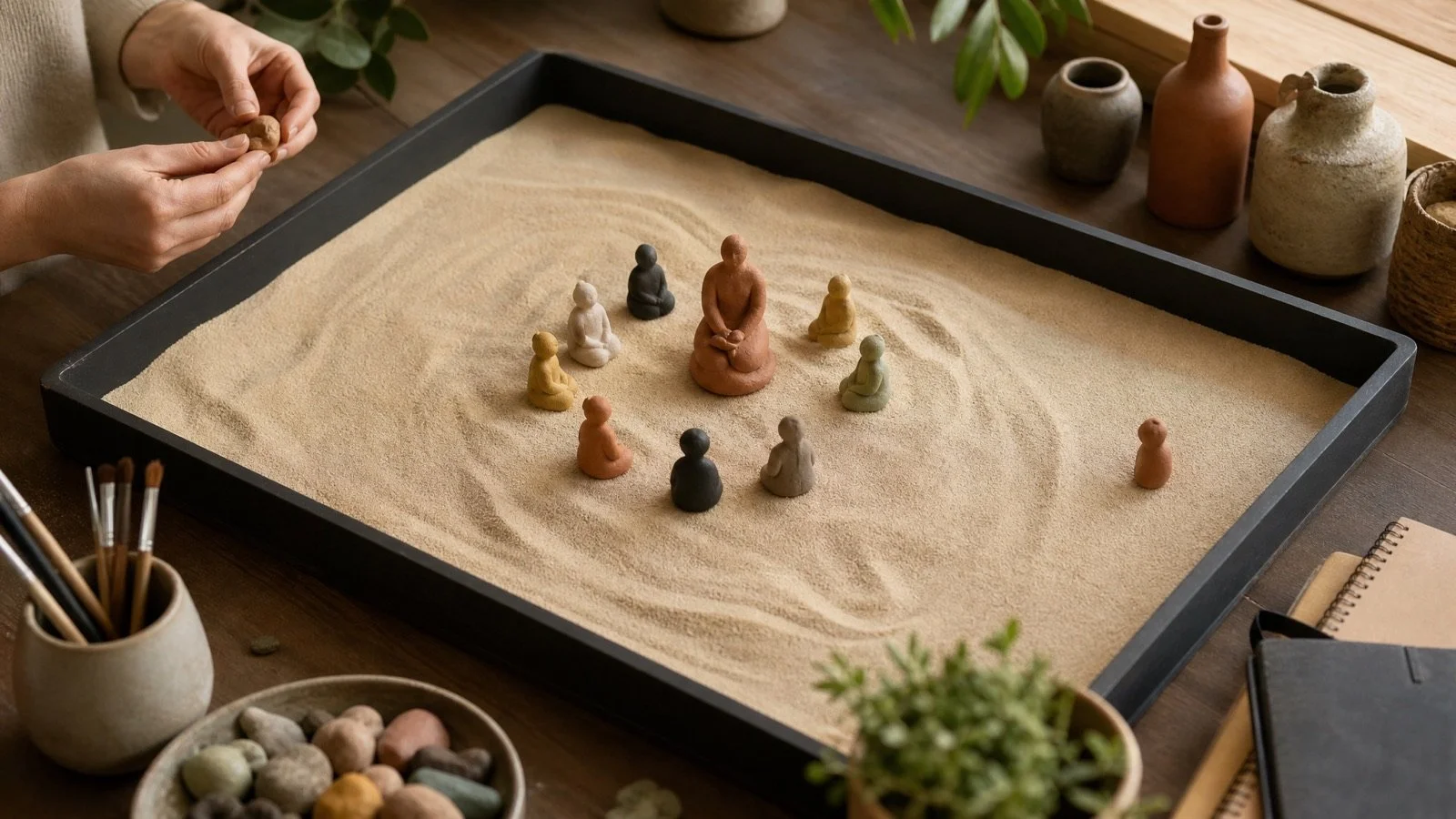 Sandplay figures arranged around one central figure with one figure set apart at the edge