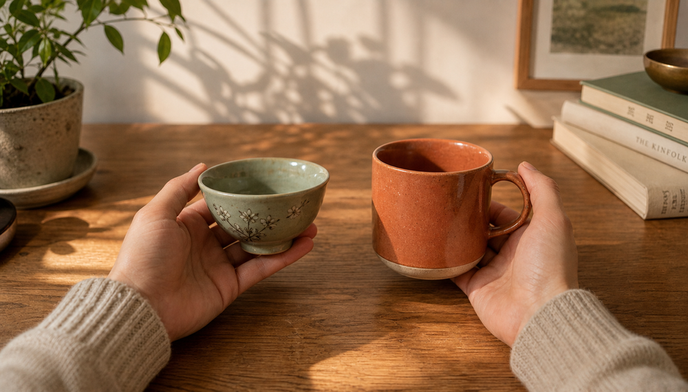 Hands holding a sage green teacup and a terracotta mug, adoptee therapy in NYC for transracial adoptees navigating two cultures