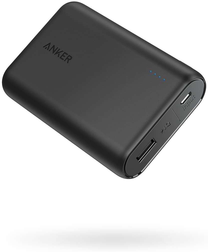 Anker portable battery, black and rectangular.