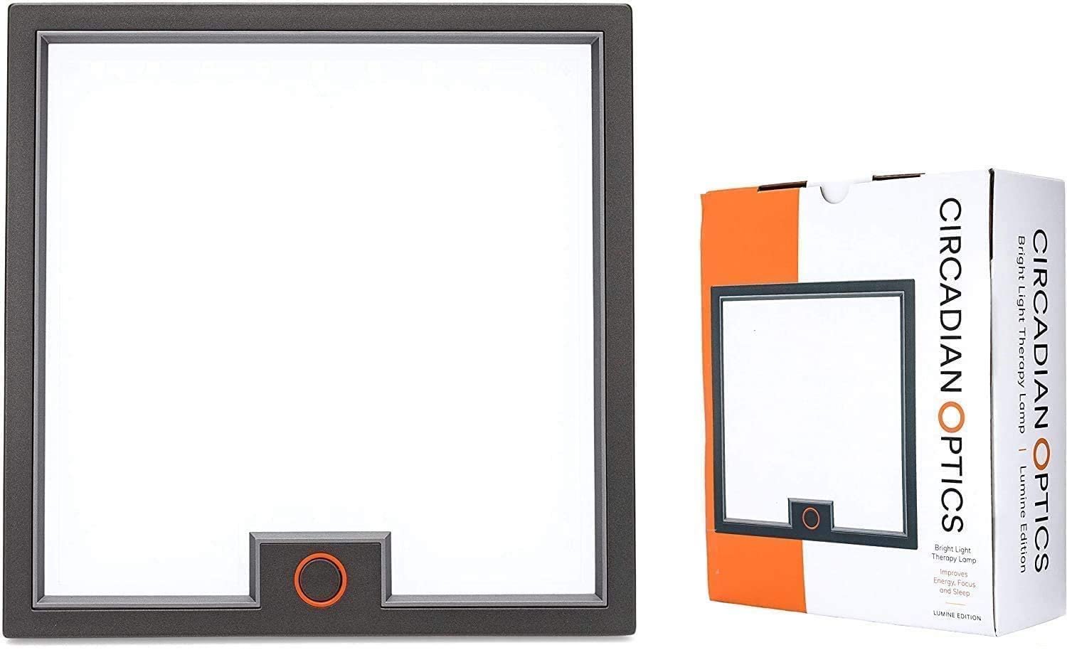 Circadian optics light therapy lamp, which is a white square flat light with a black frame.