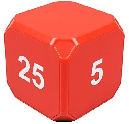 Physical pomodoro timer. Looks like a large red dice, white numbers. The visible numbers read 25 and 5.