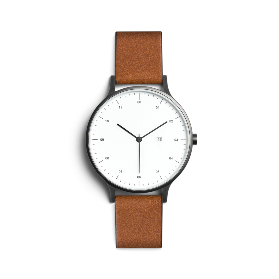 Instamnt Minimalist Watch. brown band with white watch face, very small numbers.