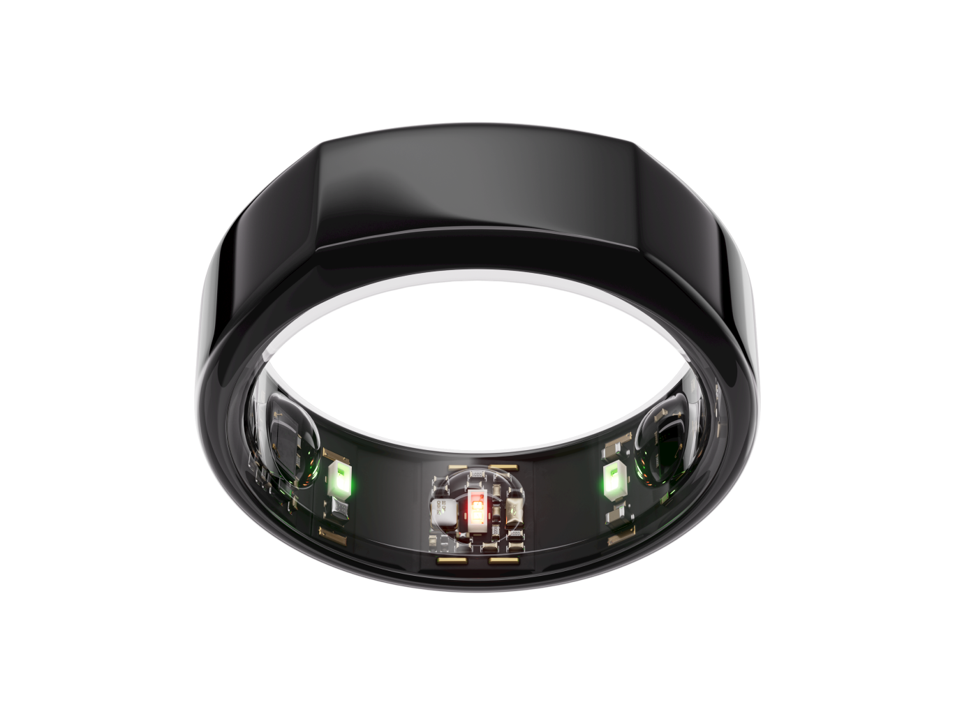 Oura ring. Black and shiny, with electronic parts visible inside the ring.