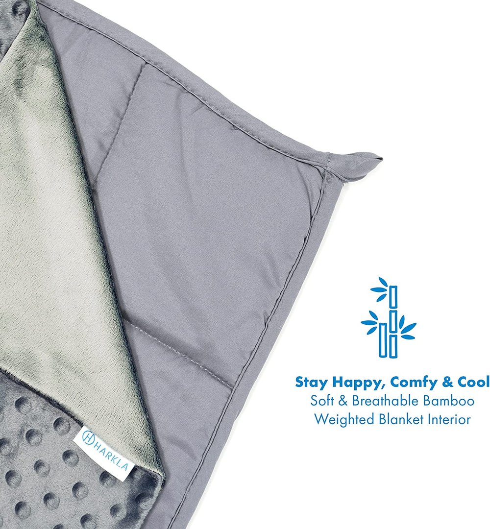 Harkla Weighted Blanket. Grey. Quilted on one side, a plush fabric with a dot texture on the other.