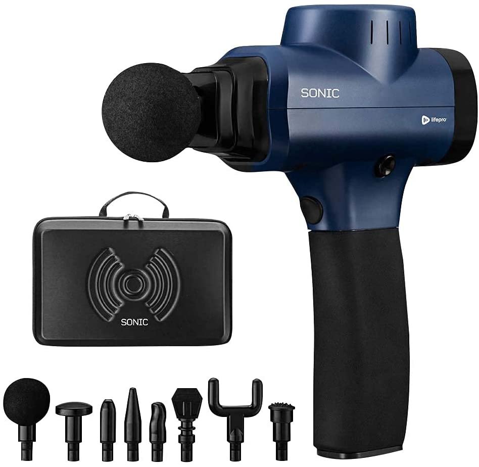 Sonic handheld percussion massager with 9 attachments and carrying case