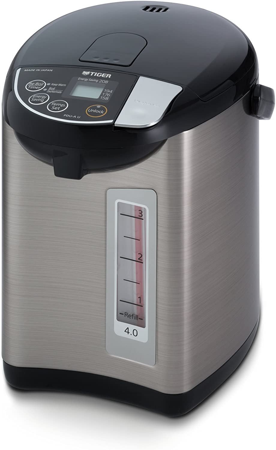 Tiger Water Heater kitchen appliance in stainless steel and black plastic.