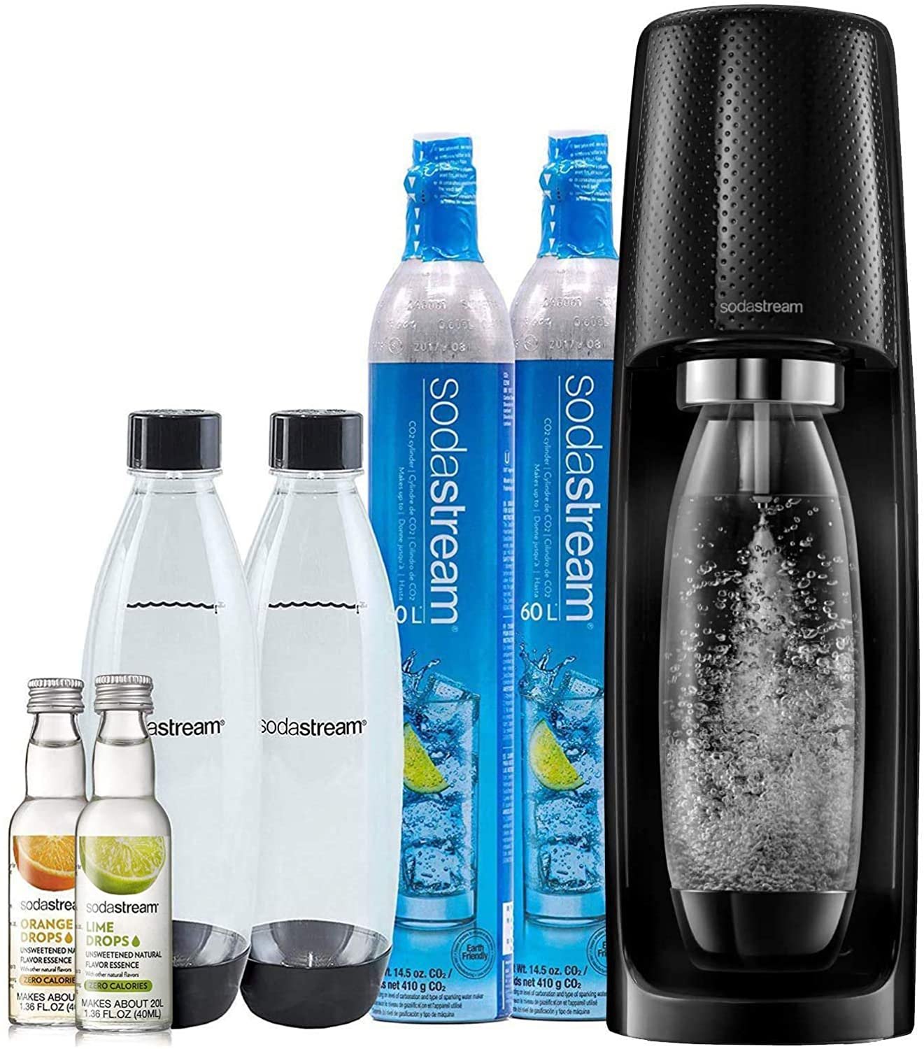 Sodastream machine with two bottles, two CO2 tanks, two flavor bottles