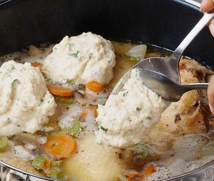 Tip: Wet the spoons to make the dough easier to drop into the pot. The dough is quite sticky!