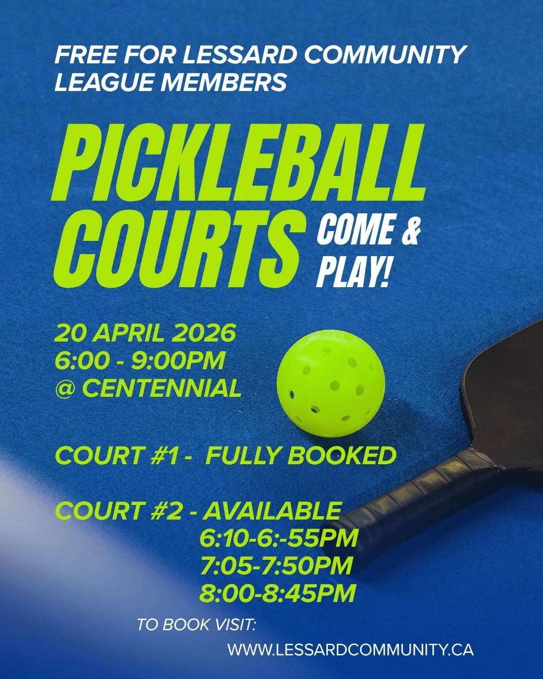 Need to burn off some nervous energy before the puck drops on game 1? Pickleball Court #2 is open for bookings tomorrow night between 6-9PM. Free for Lessard Community Leage Members!