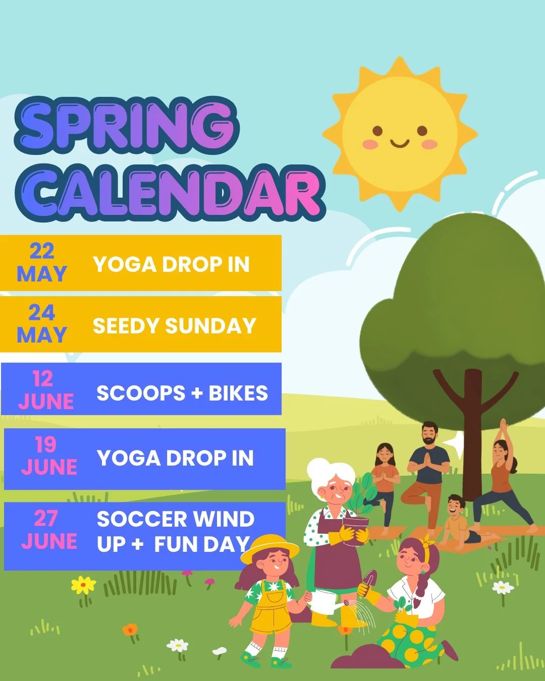 So many great events coming up this Spring and Summer including seedy sunday, icecream nights and yoga! Can't wait to see you out there. All are welcome!